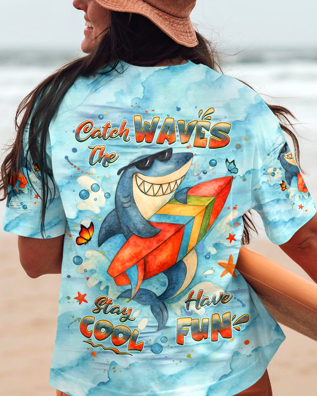 BLISSCORNERS CATCH THE WAVES STAY COOL HAVE FUN SHARK ALL OVER PRINT