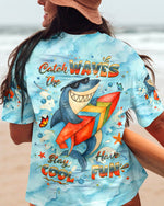 BLISSCORNERS CATCH THE WAVES STAY COOL HAVE FUN SHARK ALL OVER PRINT