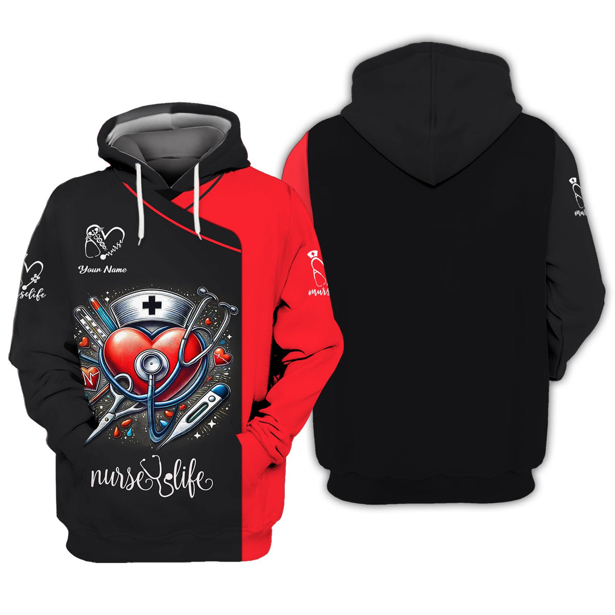 Blisscorners 3D Full Print Heart With Nursing Tools T-Shirts Personalized Name Gift For Nurse Lovers