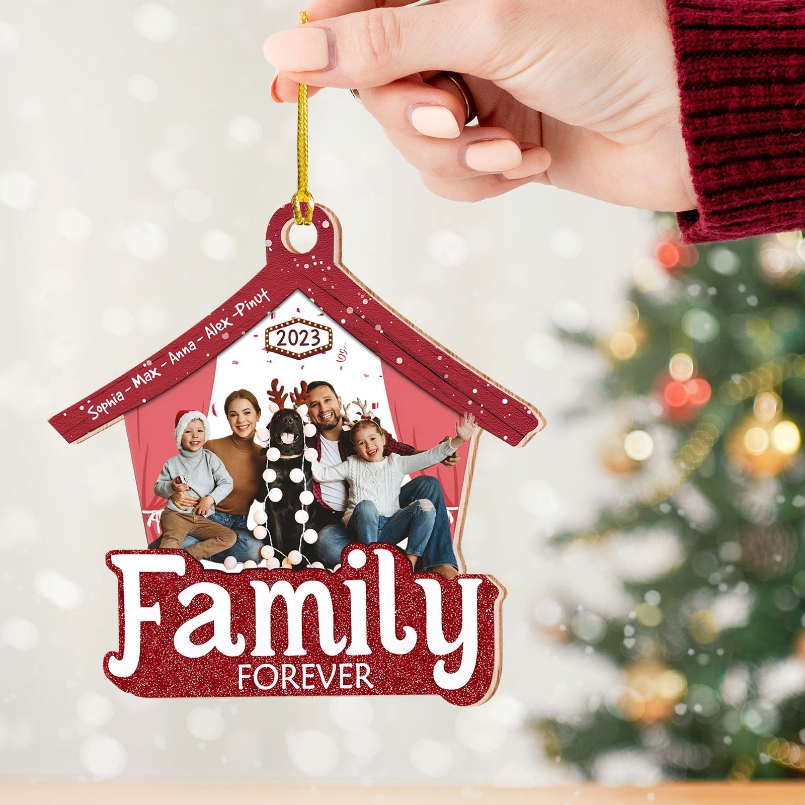 Blisscorners Family Forever, Custom Photo And Name - Personalized Custom Shaped Wooden Ornament - Gift For Family2D Flat LM2111