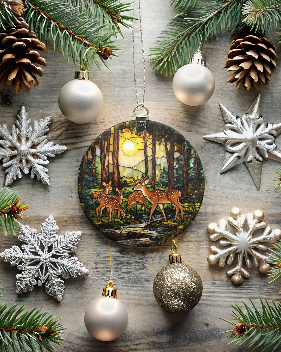 BLISSCORNERS DEER FAMILY STAINED GLASS ORNAMENT & KEYCHAIN