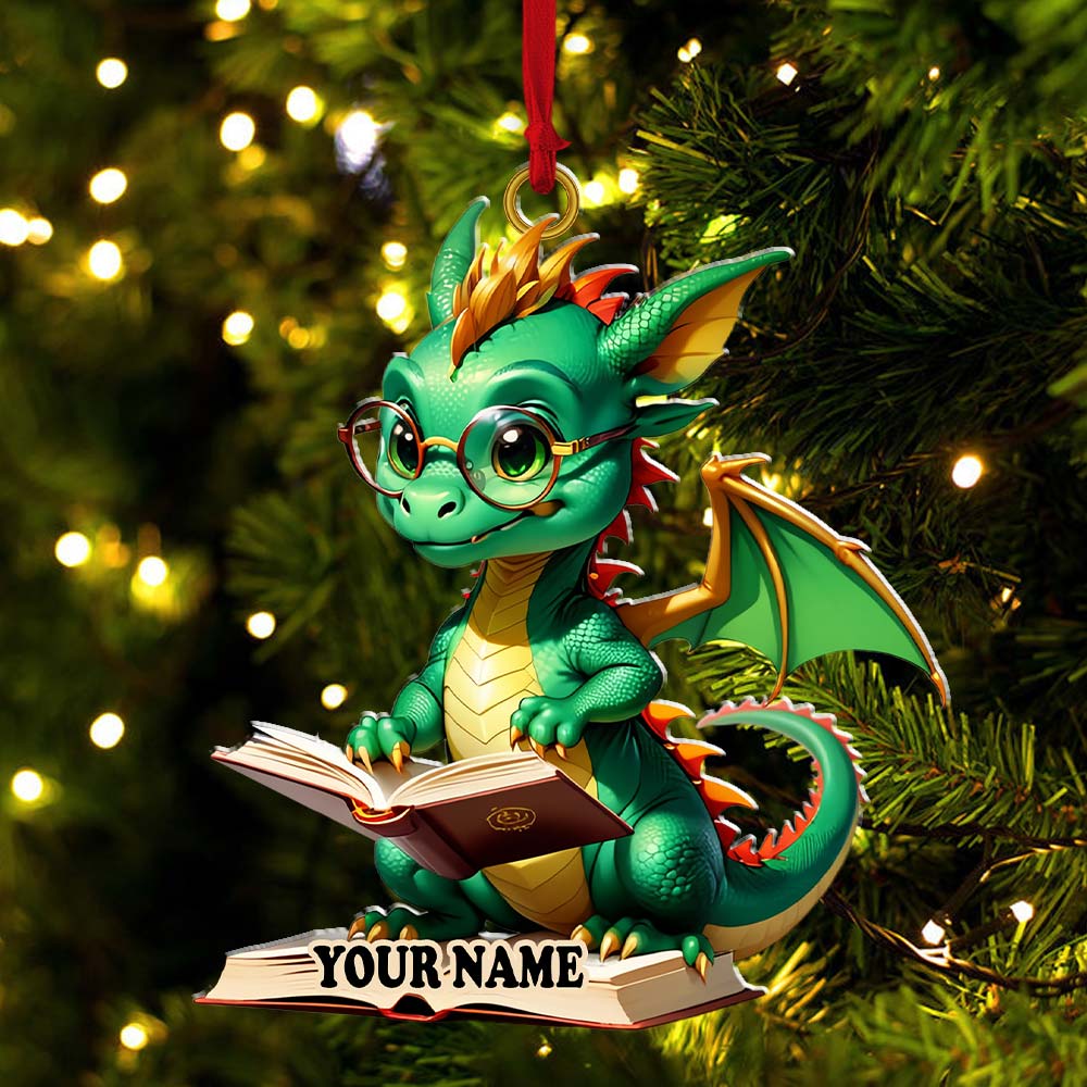 Blisscorners Custom Name Dragon Reading Books Ornament, Christmas Gift for Book Lover2D Flat LM2211