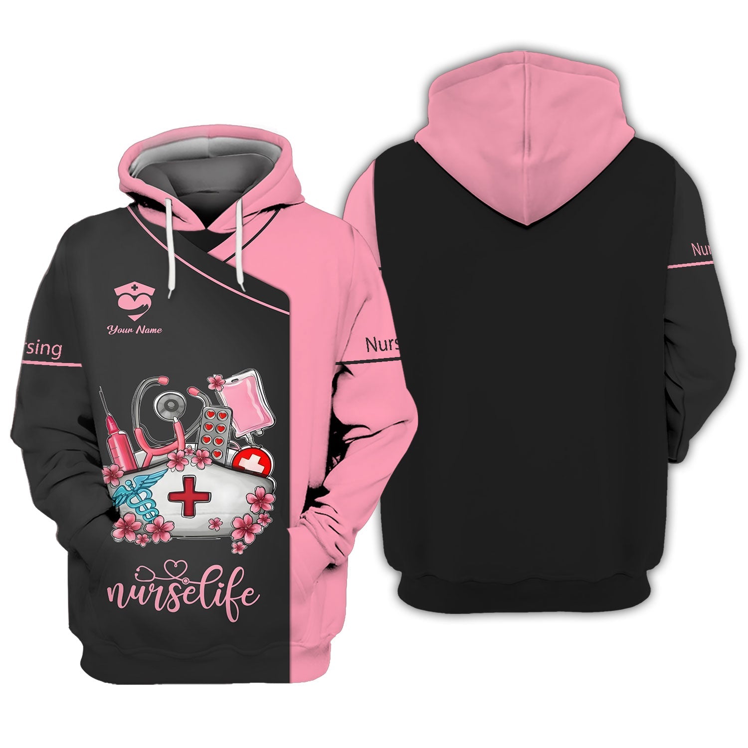 Blisscorners Personalized Nurse Shirt, 'Nurse Life' with Medical Motif in Pink and Black