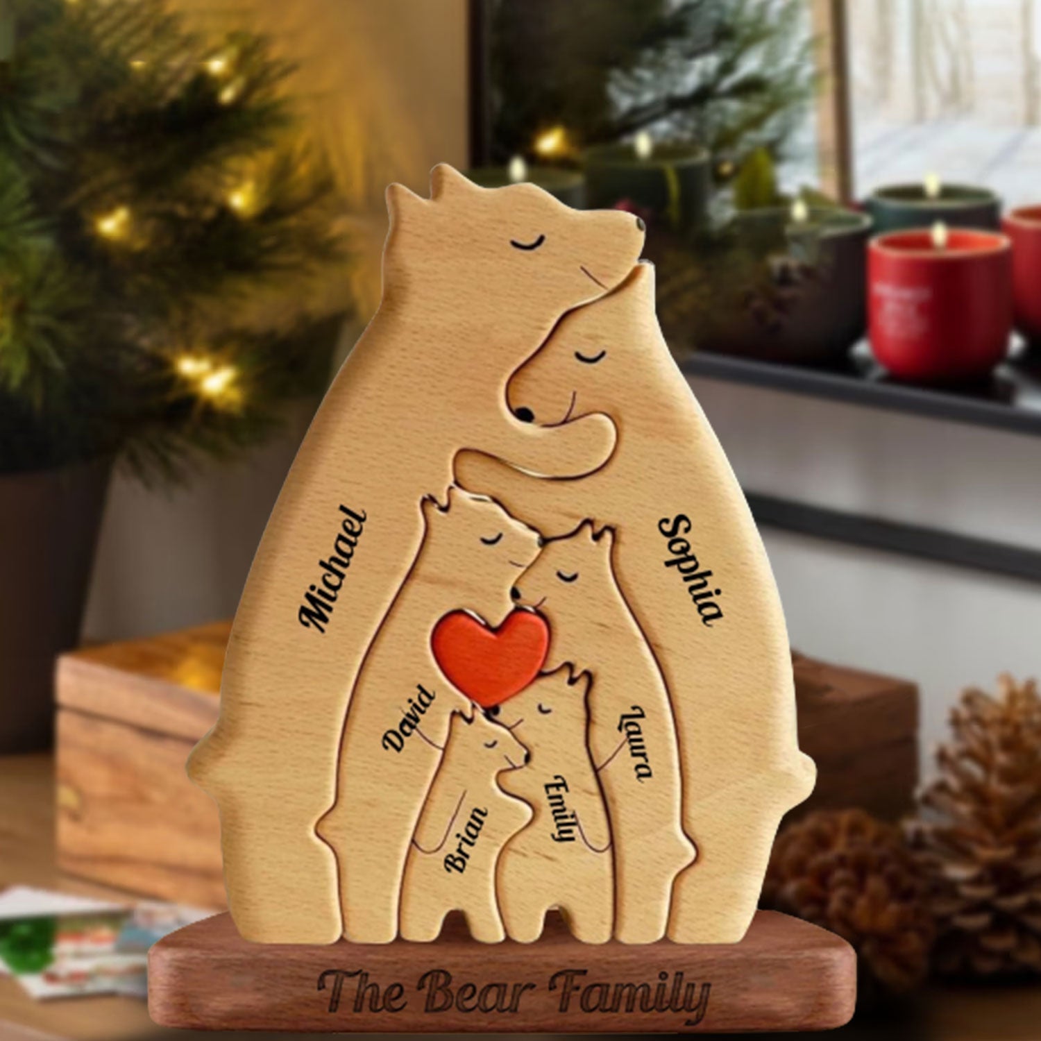 Blisscorners Personalized Bear Family Puzzle Wooden Add Base - Wooden Pet Carvings, Gift For Family, Gift For Couple2D Flat LM2111