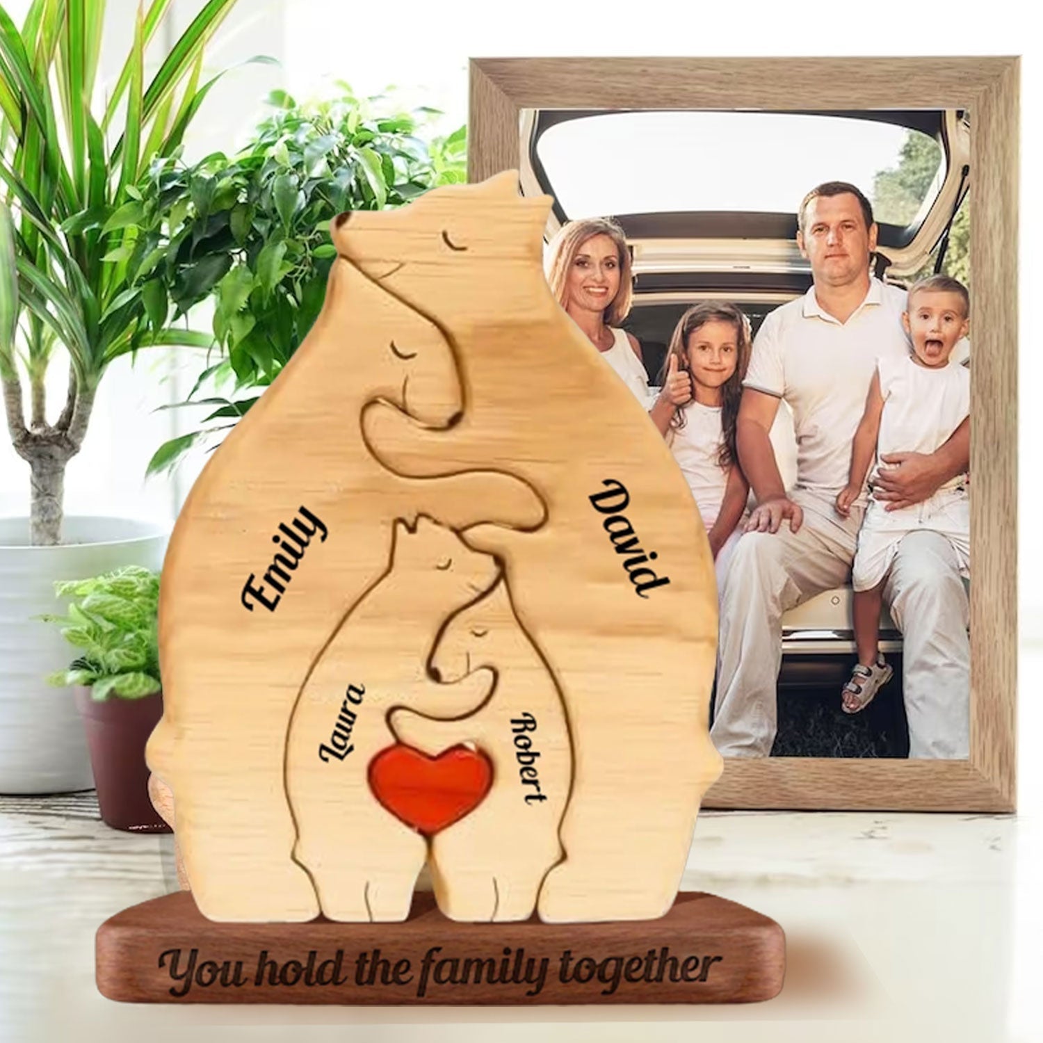 Blisscorners Personalized Bear Family Puzzle Wooden Add Base - Wooden Pet Carvings, Gift For Family, Gift For Couple2D Flat LM2111
