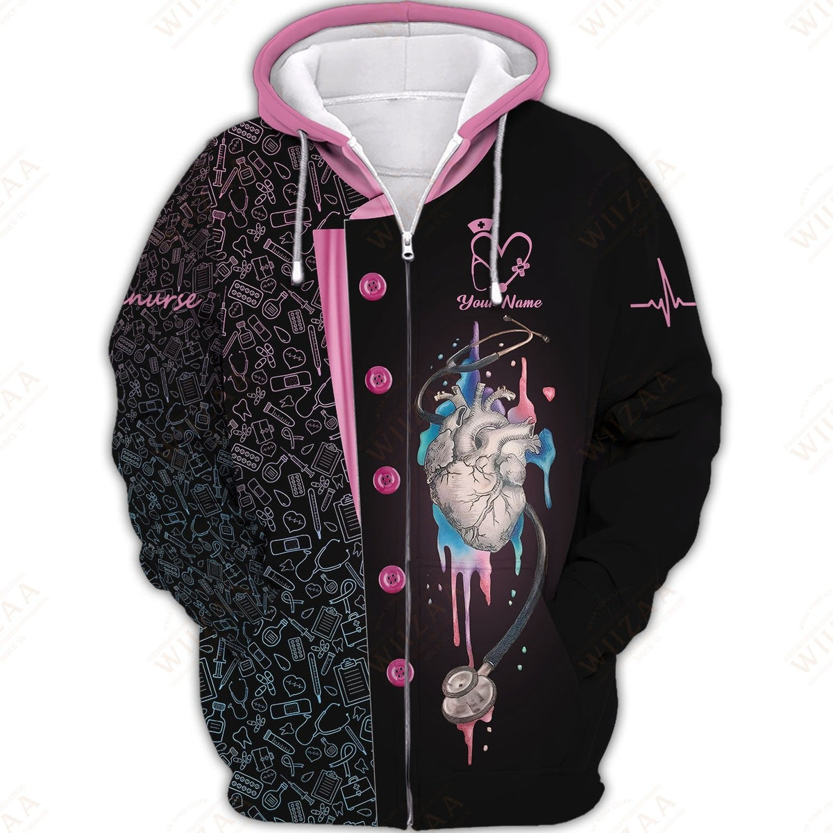 Blisscorners Personalized Nurse Shirt, Anatomical Heart with EKG Pulse Design