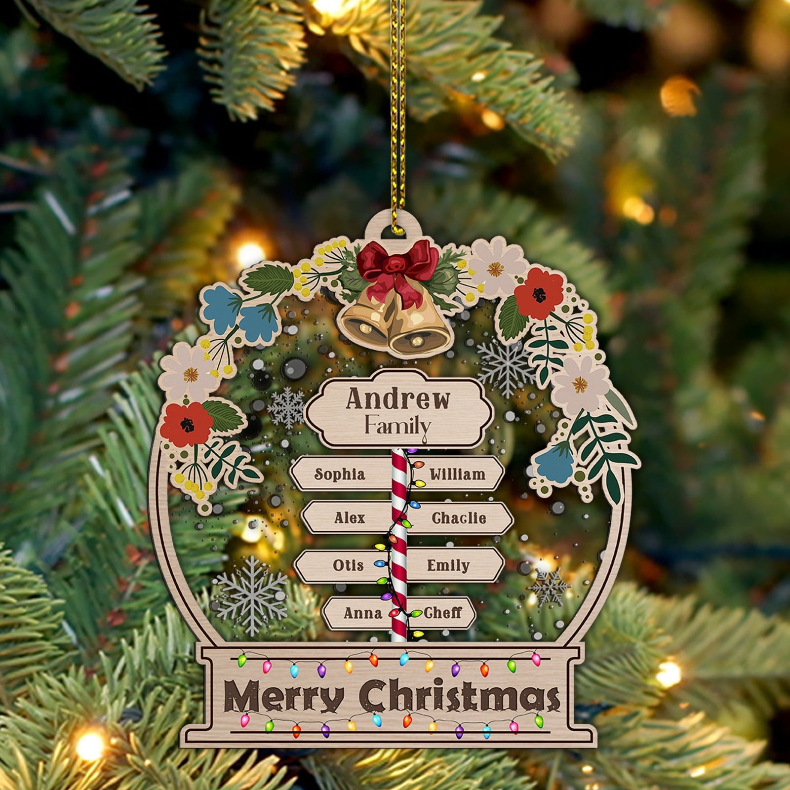 Blisscorners Family Name Signboard With Snow - Personalized 2-Layered Wooden & Acrylic Ornament - Gift For Family, Christmas Gift2D Flat LM2111