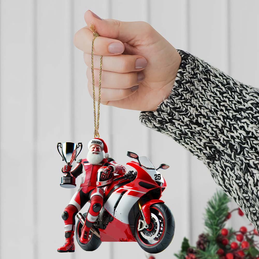 Blisscorners Custom Name and Number Santa Motorbike Ornament, Santa Christmas Gift2D Flat LM2111