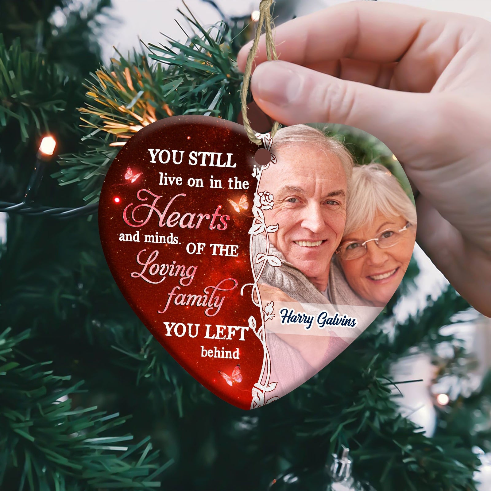 Blisscorners You Still Live On In The Heart - Personalized Heart Ceramic Ornament - Memorial Gift2D Flat LM2111