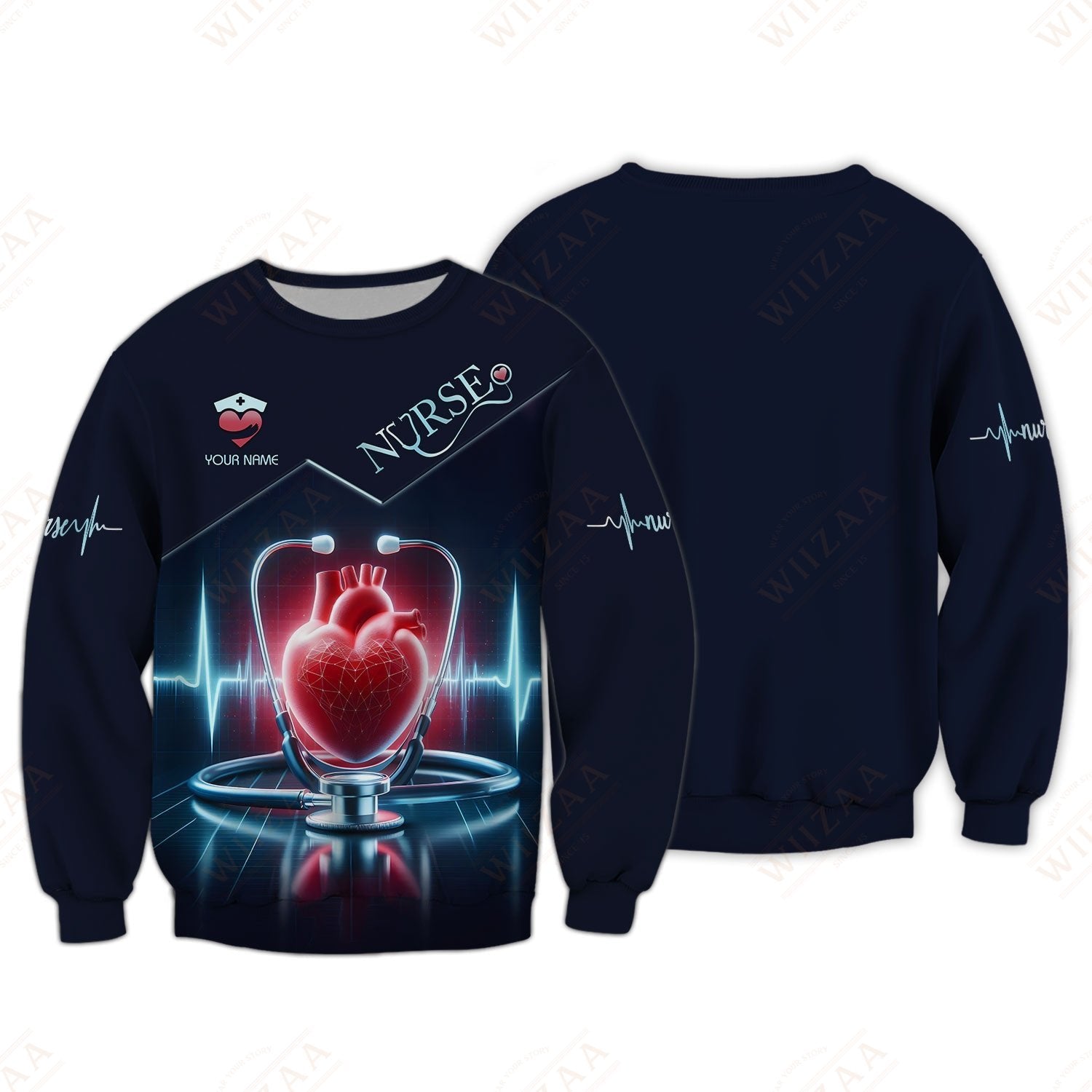 Blisscorners Personalized Nurse Shirt - Heartbeat & Stethoscope Graphic | Comfort Fit Medical Tee