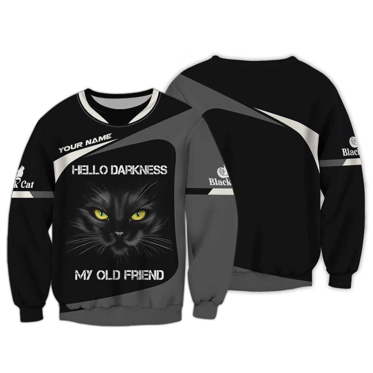 Blisscorners Black Cat Custom Name Shirt Hello Darkness My Old Friend 3D Shirts Gift For Cat Lovers