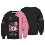 Blisscorners Personalized Nurse Shirt, 'Nurse Life' with Medical Motif in Pink and Black