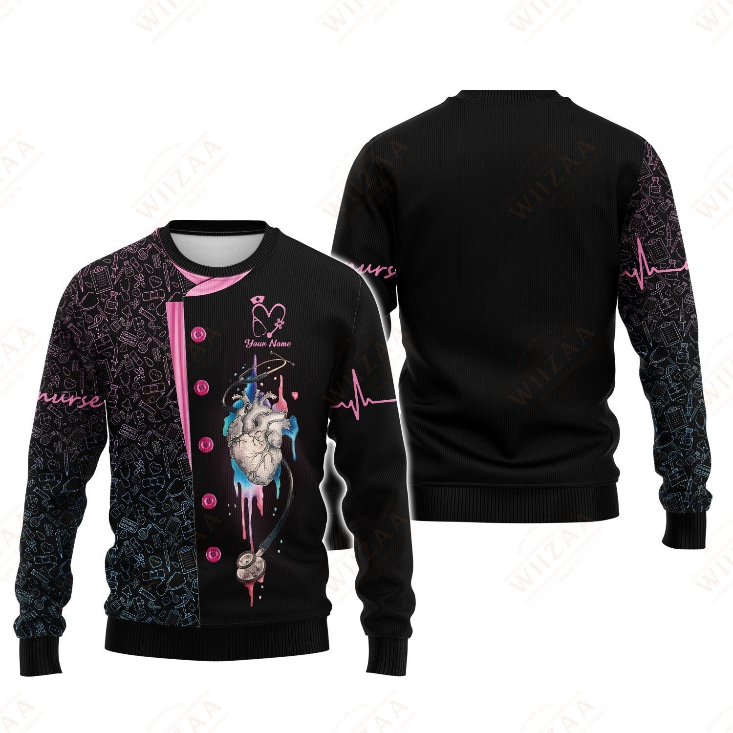 Blisscorners Personalized Nurse Shirt, Anatomical Heart with EKG Pulse Design