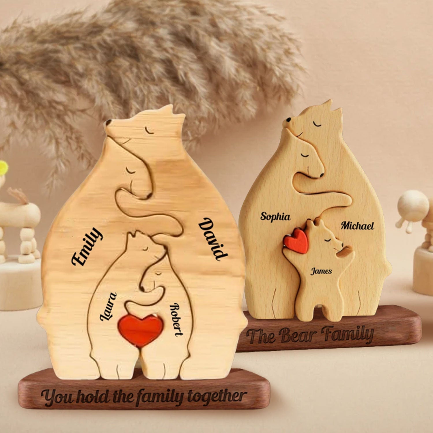 Blisscorners Personalized Bear Family Puzzle Wooden Add Base - Wooden Pet Carvings, Gift For Family, Gift For Couple2D Flat LM2111