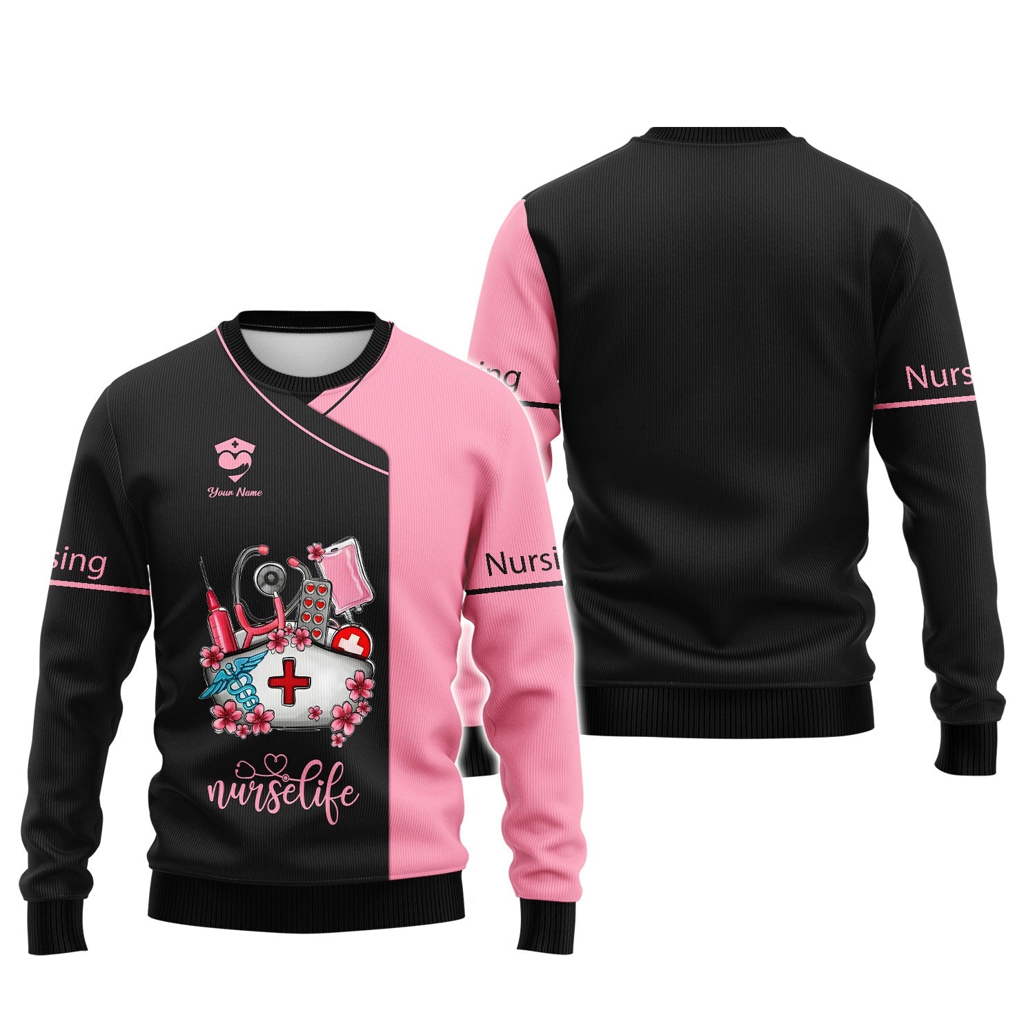 Blisscorners Personalized Nurse Shirt, 'Nurse Life' with Medical Motif in Pink and Black