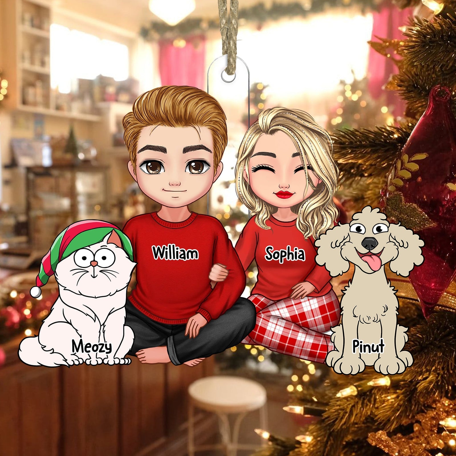 Blisscorners Couple Sitting With Christmas Pet, Custom Appearances And Names - Christmas Gift For Couple - Personalized Acrylic Ornament2D Flat LM2111