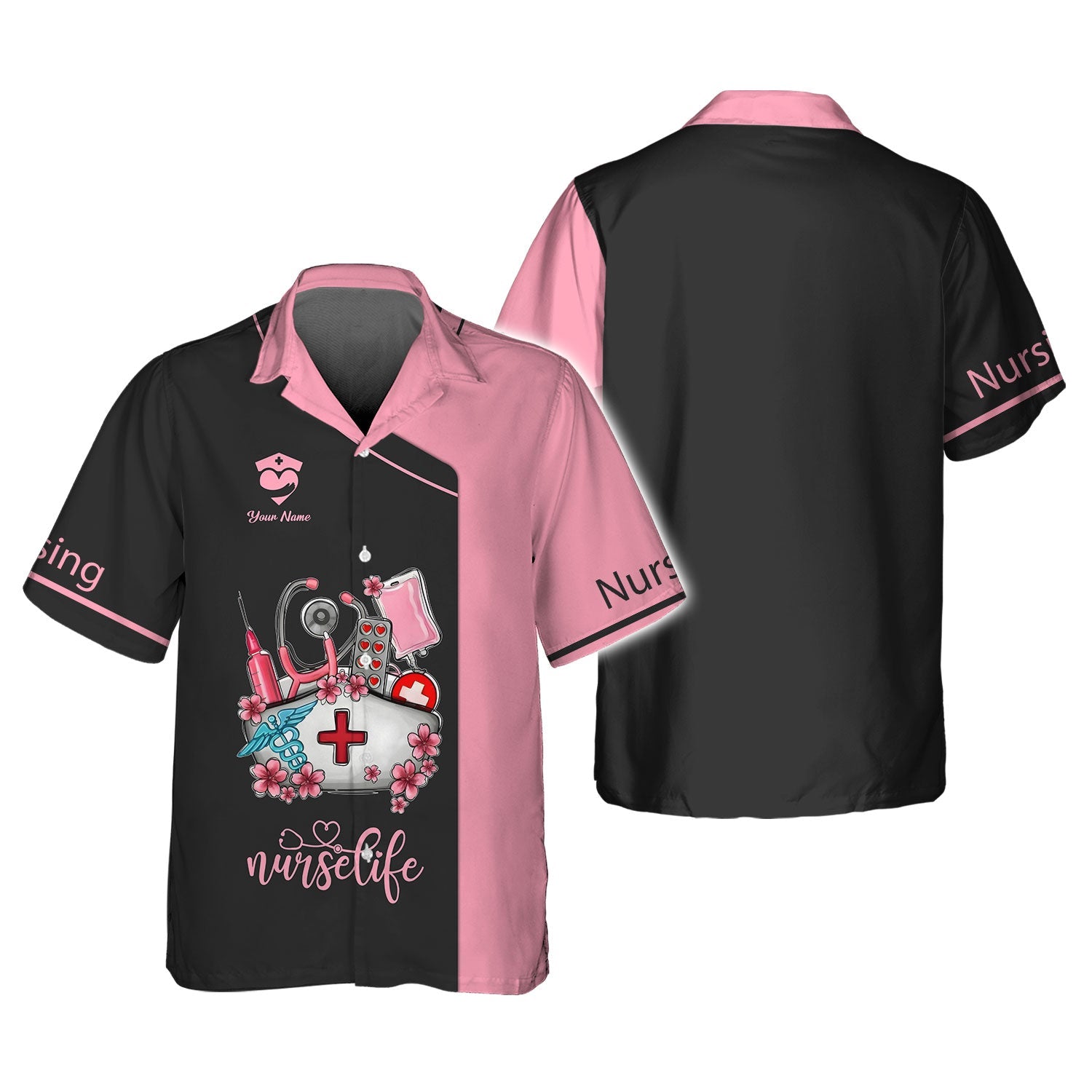 Blisscorners Personalized Nurse Shirt, 'Nurse Life' with Medical Motif in Pink and Black