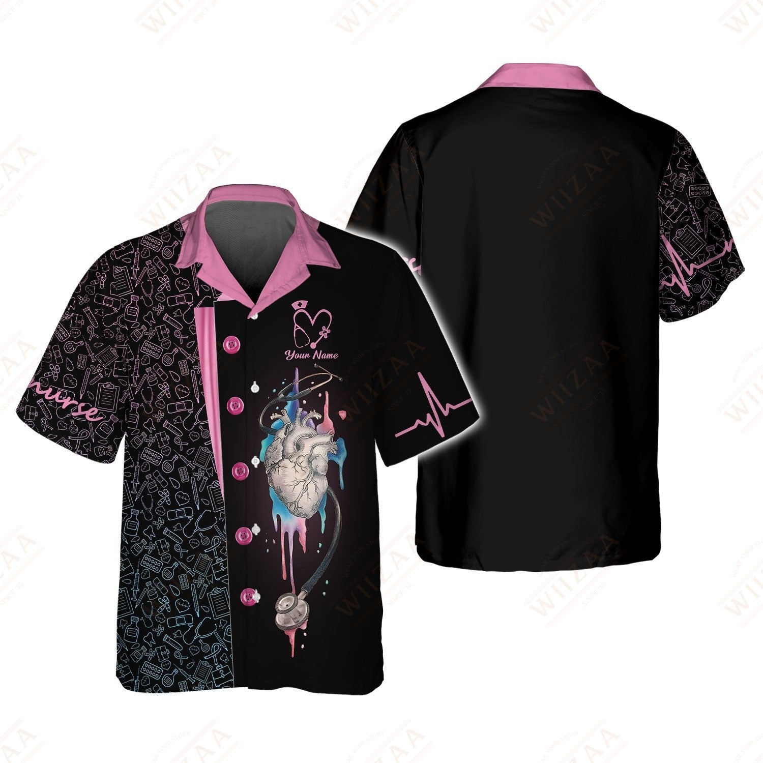 Blisscorners Personalized Nurse Shirt, Anatomical Heart with EKG Pulse Design