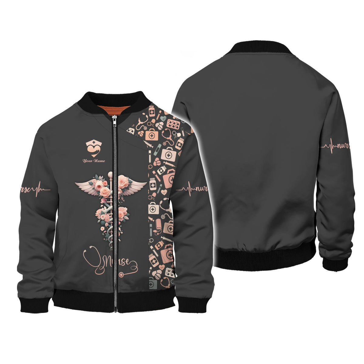 Blisscorners Personalized Nurse Shirt, Floral Caduceus with Angelic Wings Design