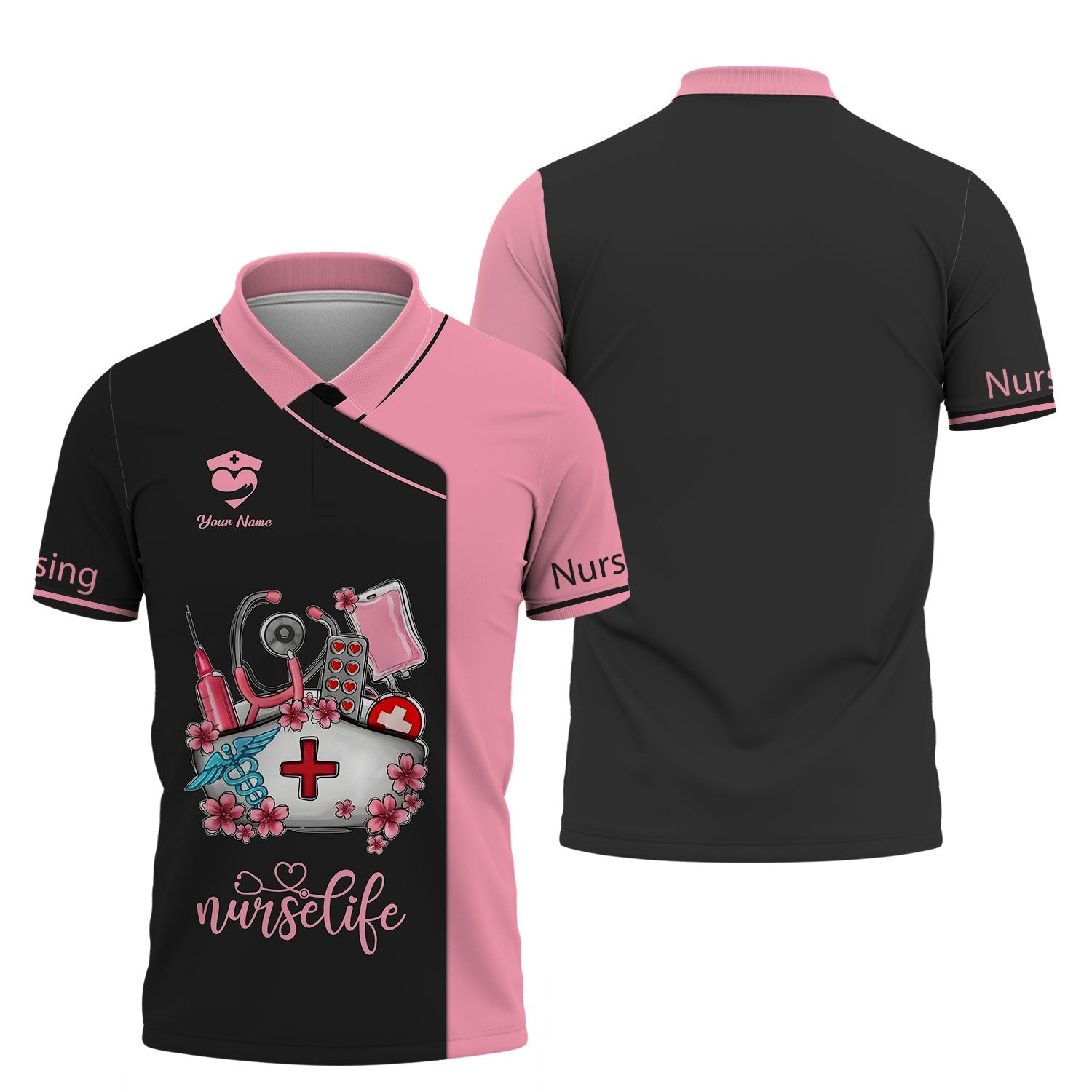 Blisscorners Personalized Nurse Shirt, 'Nurse Life' with Medical Motif in Pink and Black