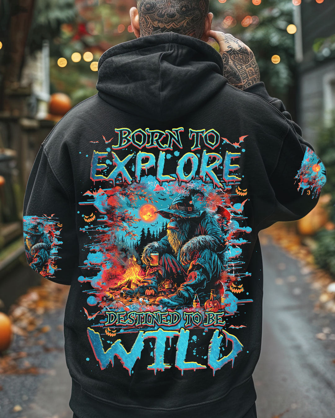 BLISSCORNERS BORN TO EXPLORE DESTINED TO BE WILD BIGFOOT HALLOWEEN ALL OVER PRINT