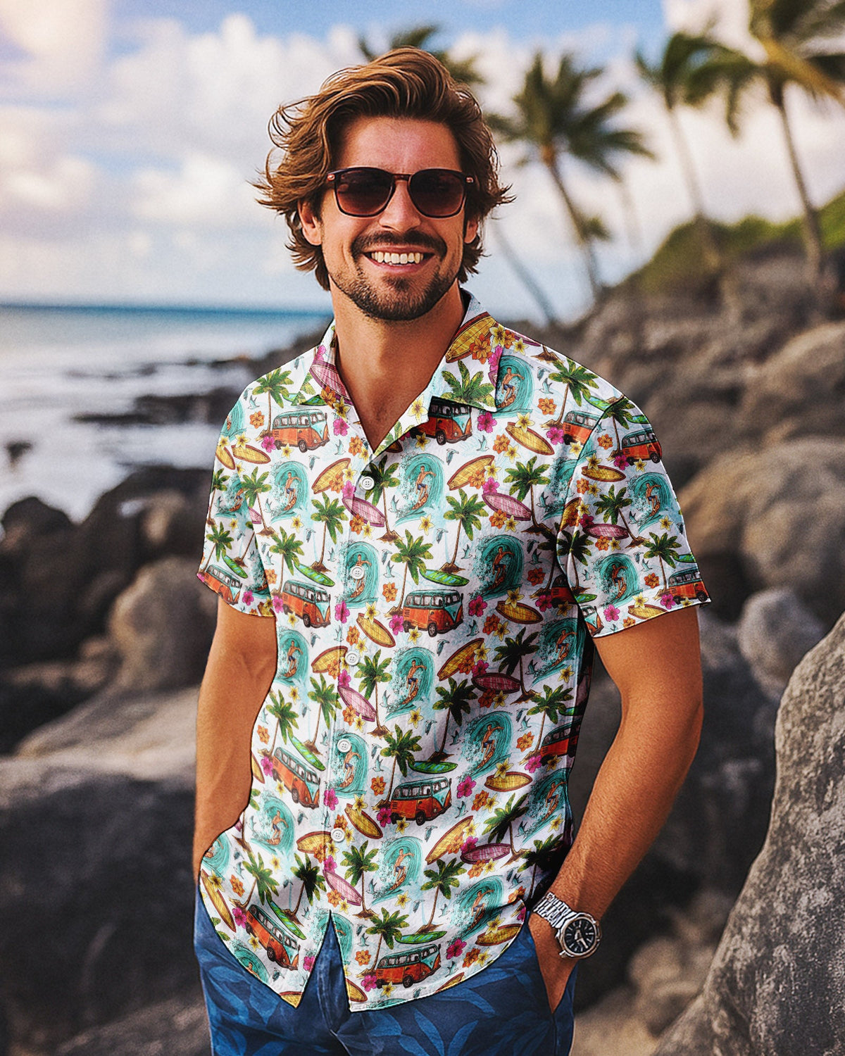 BLISSCORNERS CAMPING BUS SURF PALM TREES SEAMLESS HAWAIIAN SHIRT