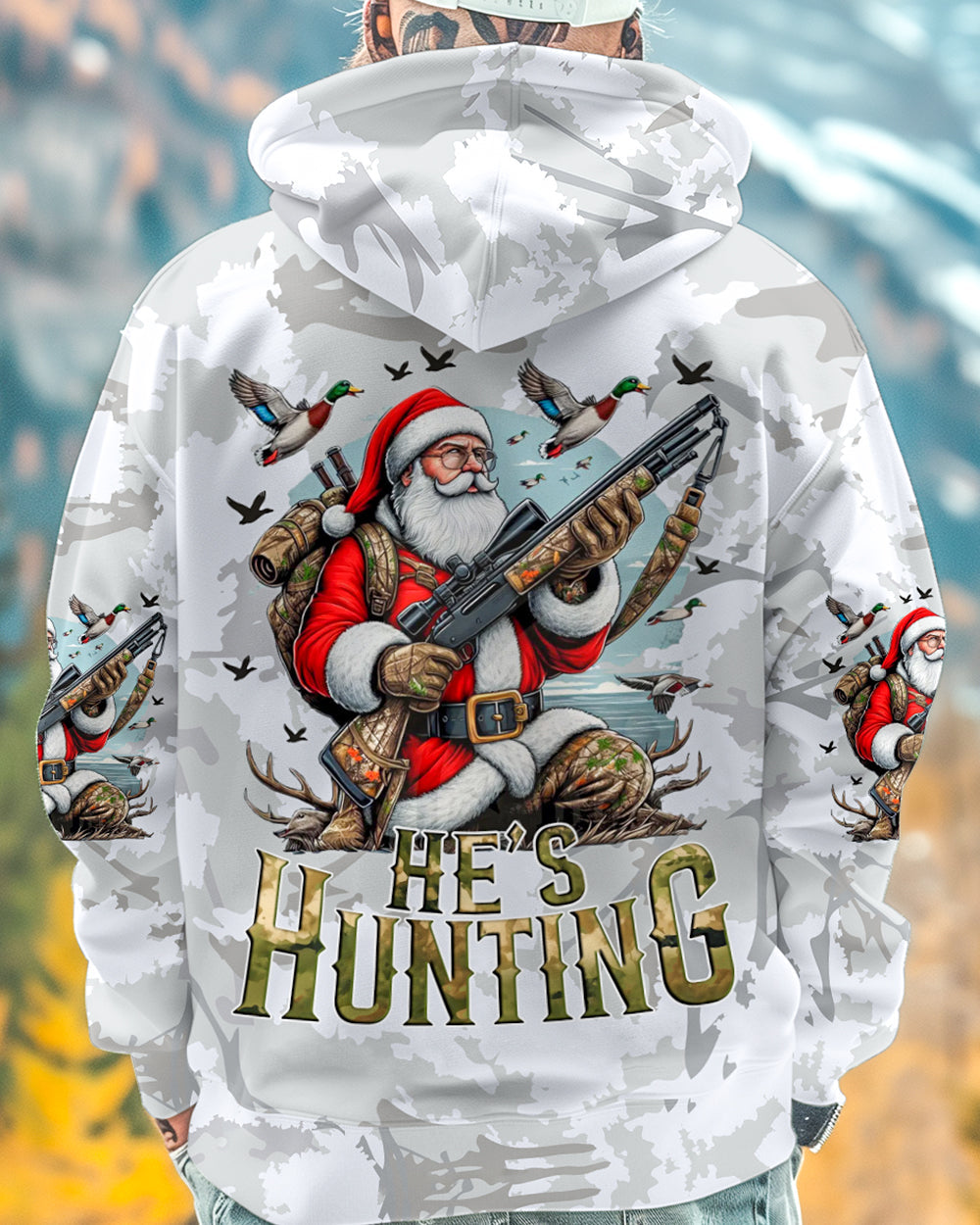 BLISSCORNERS HE'S HUNTING DUCKS SANTA CHRISTMAS ALL OVER PRINT