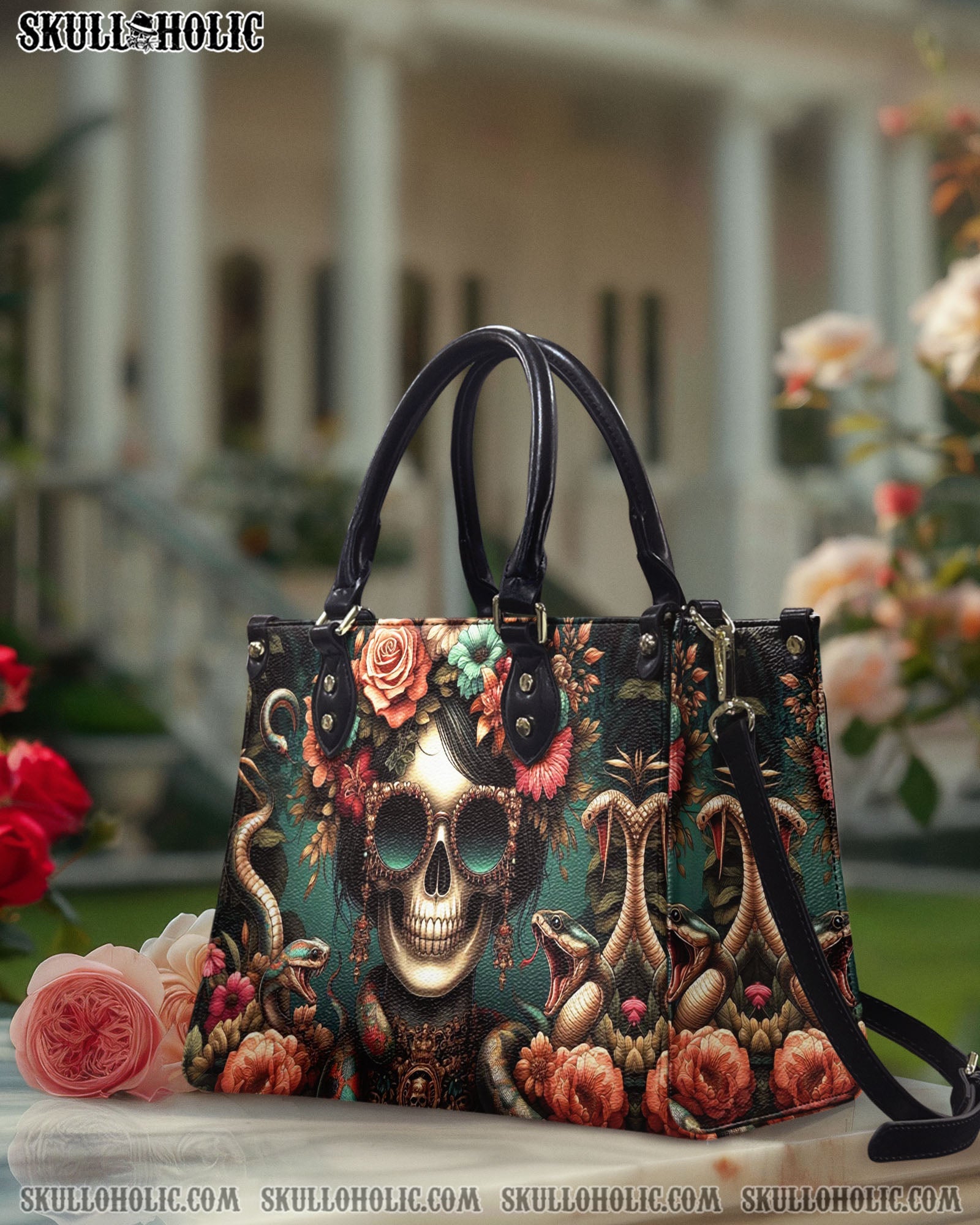 BLISSCORNERS FLORAL SNAKE SKULL LADY LEATHER HANDBAG