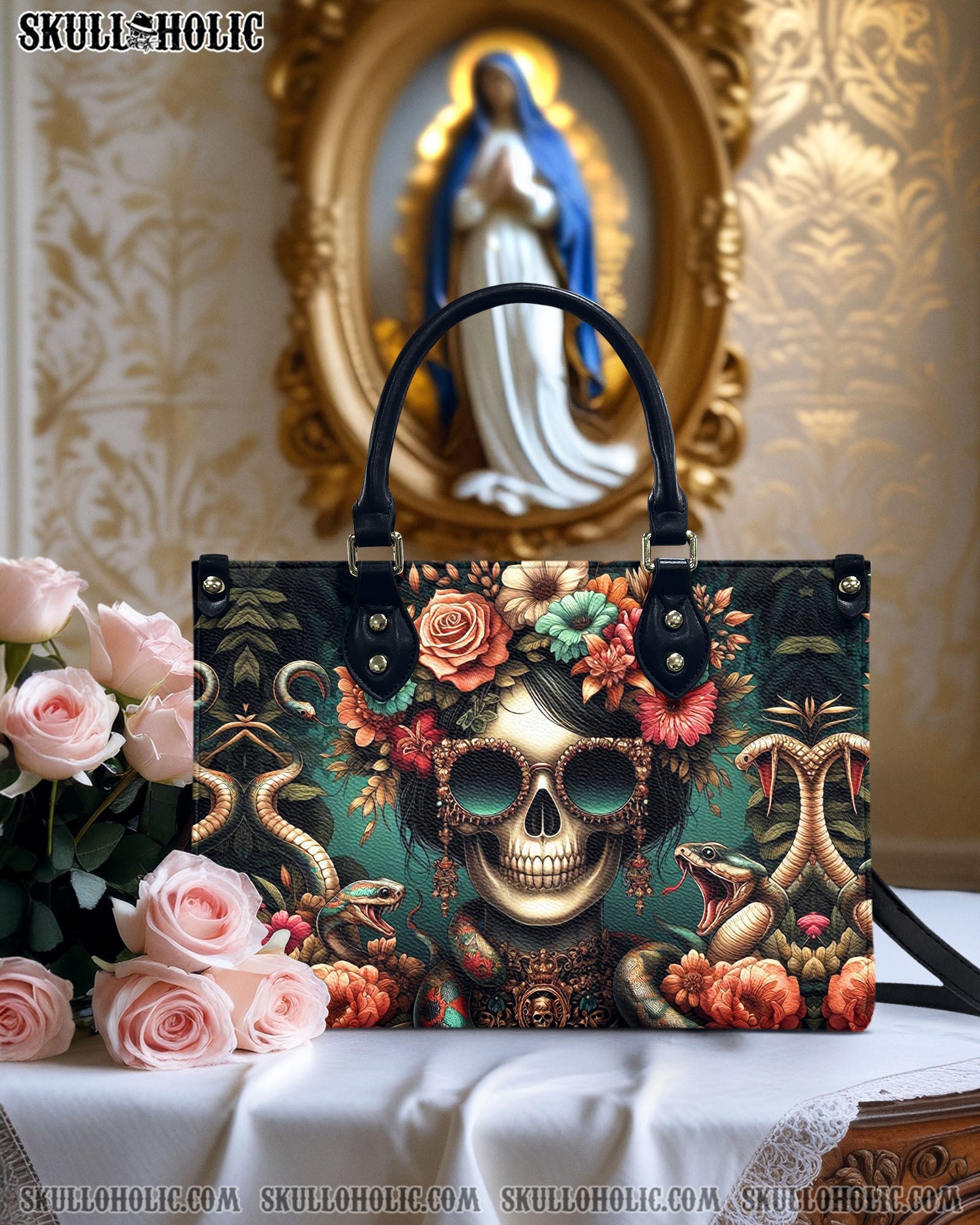 BLISSCORNERS FLORAL SNAKE SKULL LADY LEATHER HANDBAG