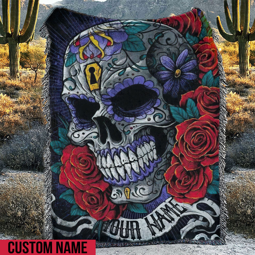 BLISSCORNERS PERSONALIZED SUGAR SKULL ROSE BANNER WOVEN & FLEECE BLANKET