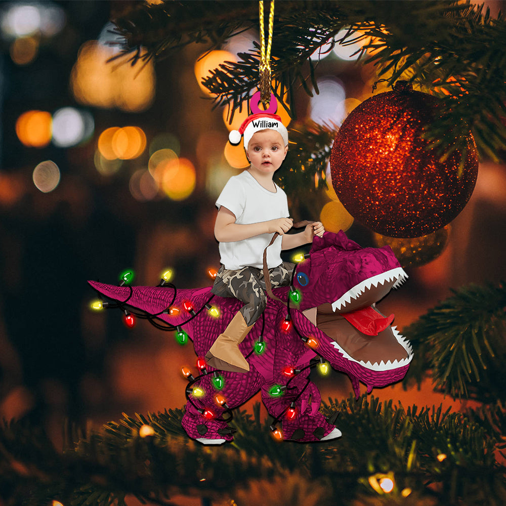 Blisscorners Kid Riding Dinosaur - Christmas Gift For Family, Custom Photo And Name - Personalized Acrylic Ornament2D Flat LM2111