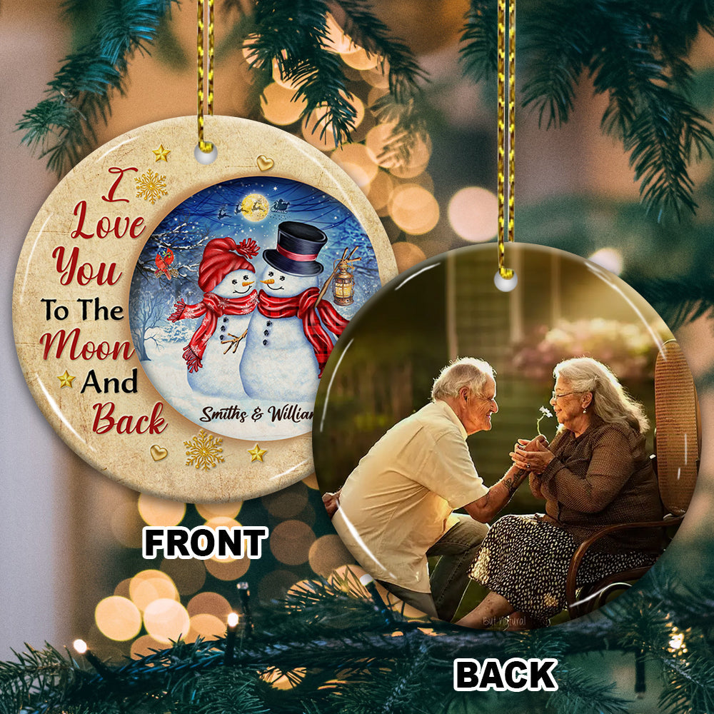 Blisscorners I Love You To The Moon And Back, Snowman - Custom Photo And Names- Personalized 2 Sides Ceramic Ornament - Gift For Family, Memorial Gift2D Flat LM2111