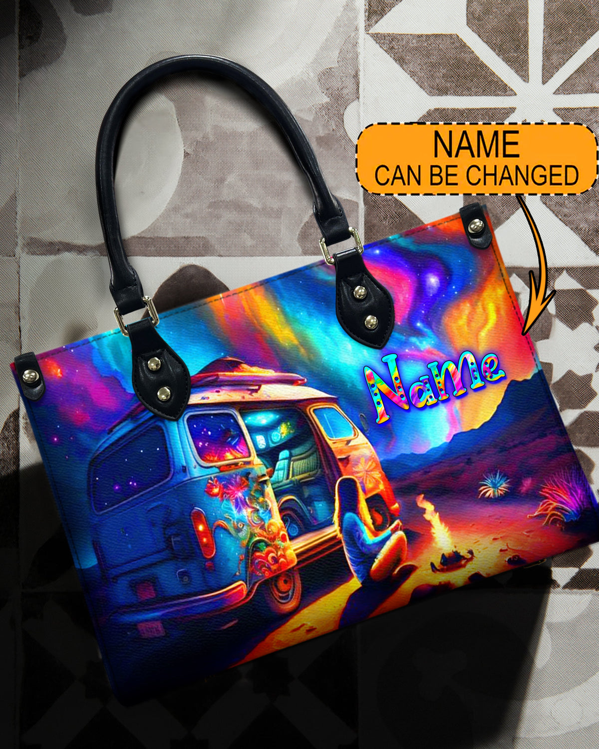 BLISSCORNERS CAMPING AT NIGHT WITH CAMPFIRE LEATHER HANDBAG