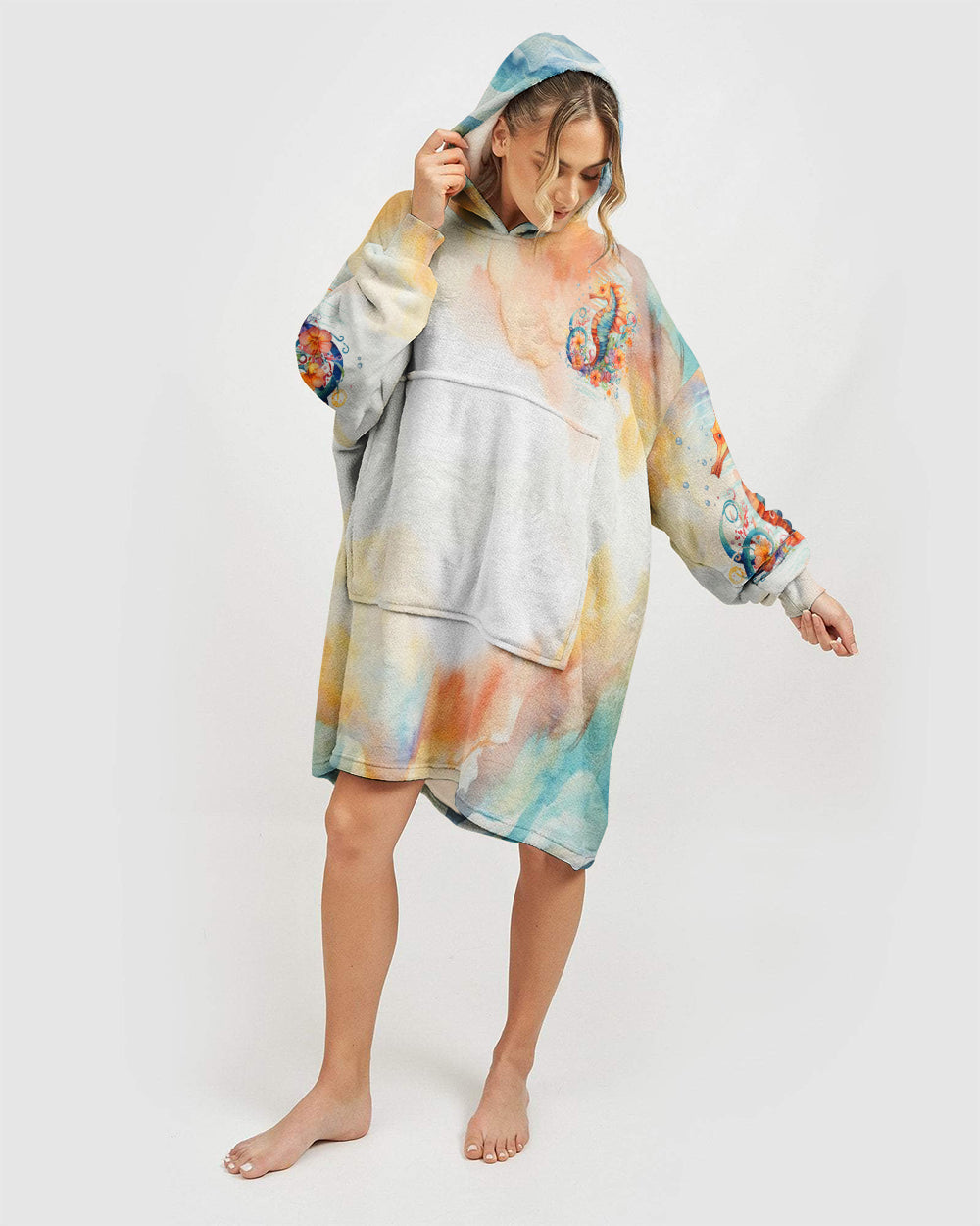 BLISSCORNERS SMELL THE SEA FEEL THE BREEZE SEAHORSE SHERPA BLANKET HOODIE