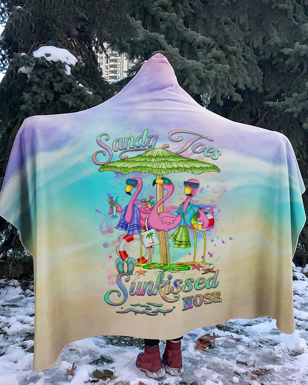 BLISSCORNERS SANDY TOES SUNKISSED NOSE FLAMINGO SHERPA BLANKET HOODIE