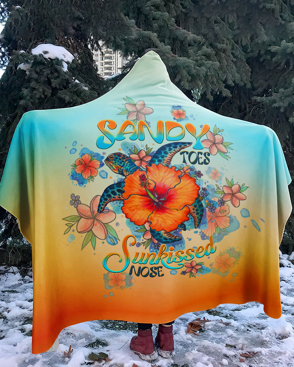 BLISSCORNERS SANDY TOES SUNKISSED NOSE TURTLE HIBISCUS SHERPA BLANKET HOODIE