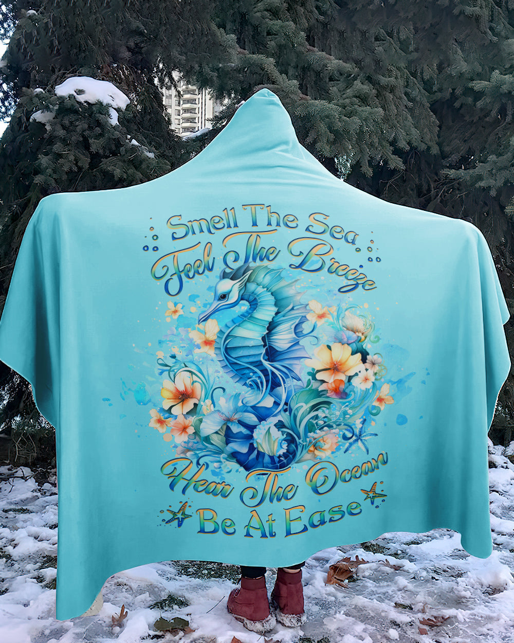 BLISSCORNERS SMELL THE SEA FEEL THE BREEZE SEAHORSE SHERPA BLANKET HOODIE