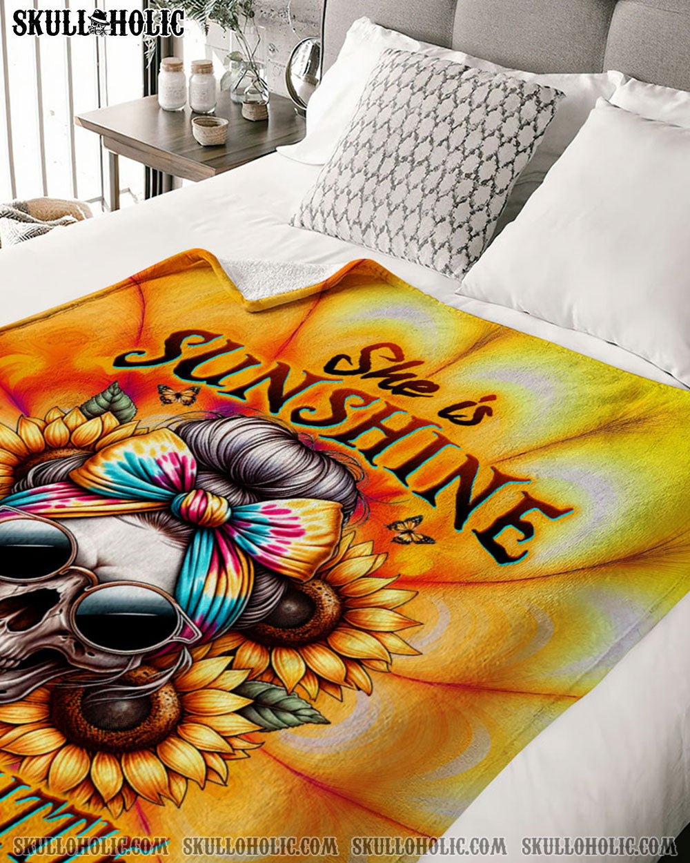 BLISSCORNERS SHE IS SUNSHINE SKULL TIE DYE WOVEN AND FLEECE BLANKET