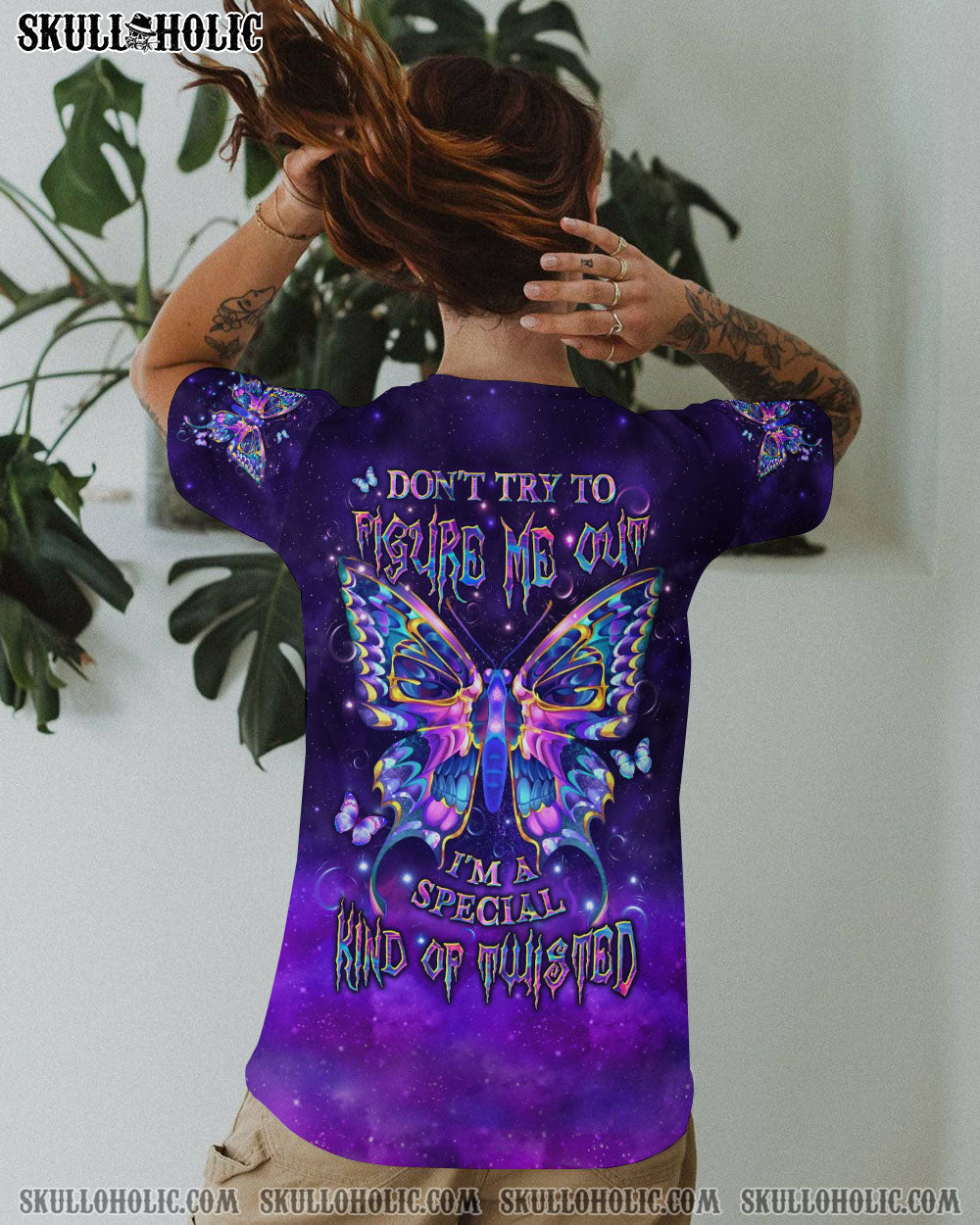 BLISSCORNERS DON'T TRY TO FIGURE ME OUT SKULL BUTTERFLY ALL OVER PRINT
