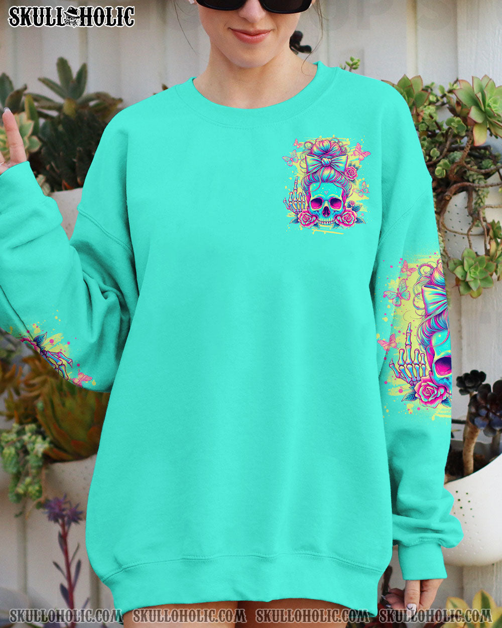 BLISSCORNERS ALWAYS A STRONG WOMAN SKULL MESSY BUN ALL OVER PRINT