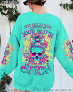 BLISSCORNERS ALWAYS A STRONG WOMAN SKULL MESSY BUN ALL OVER PRINT