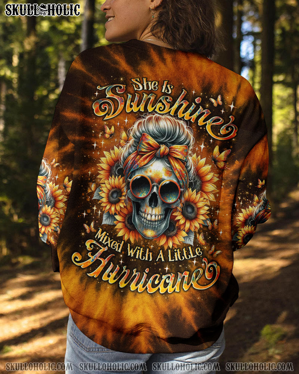 BLISSCORNERS SHE IS SUNSHINE SUNFLOWER MESSY SKULL TIE DYE ALL OVER PRINT