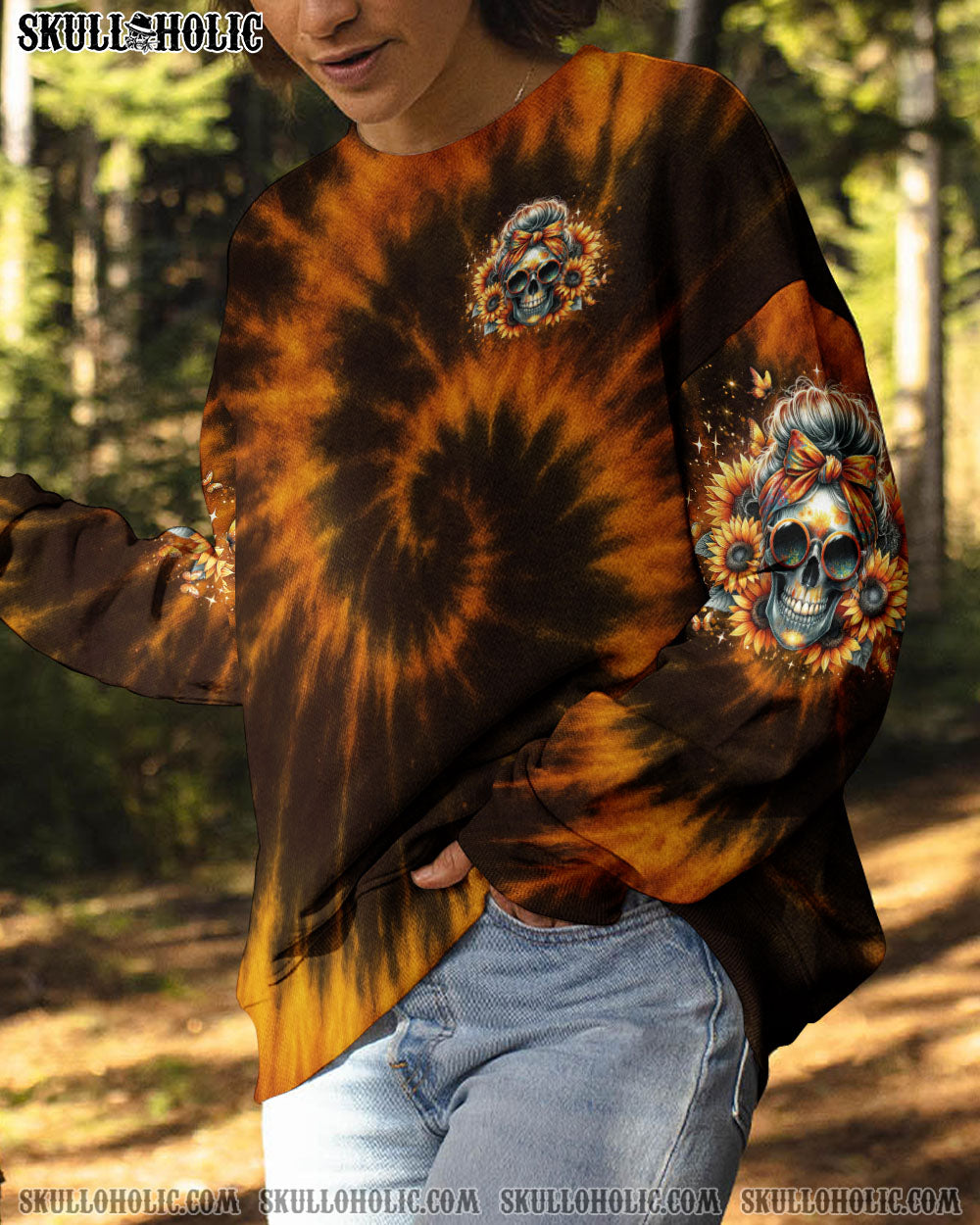 BLISSCORNERS SHE IS SUNSHINE SUNFLOWER MESSY SKULL TIE DYE ALL OVER PRINT