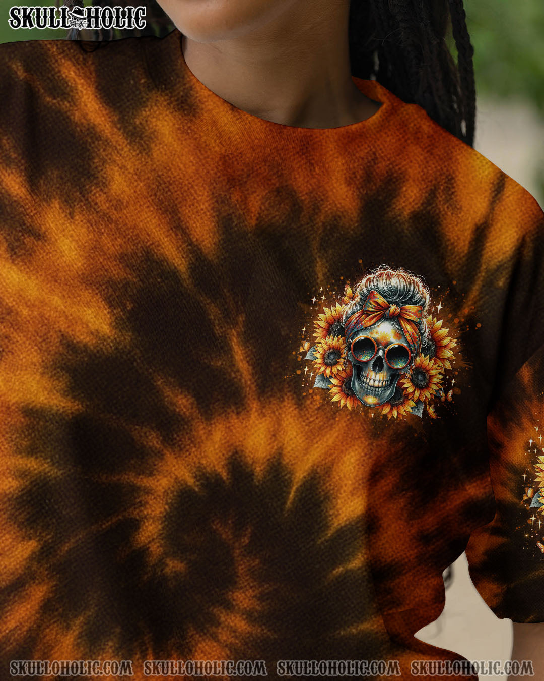 BLISSCORNERS SHE IS SUNSHINE SUNFLOWER MESSY SKULL TIE DYE ALL OVER PRINT