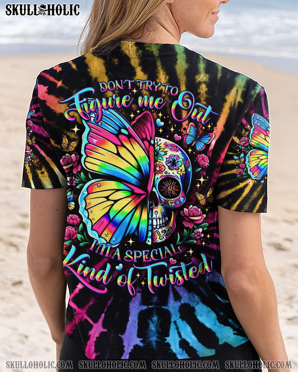 BLISSCORNERS DON'T TRY TO FIGURE ME OUT SKULL BUTTERFLY TIE DYE ALL OVER PRINT