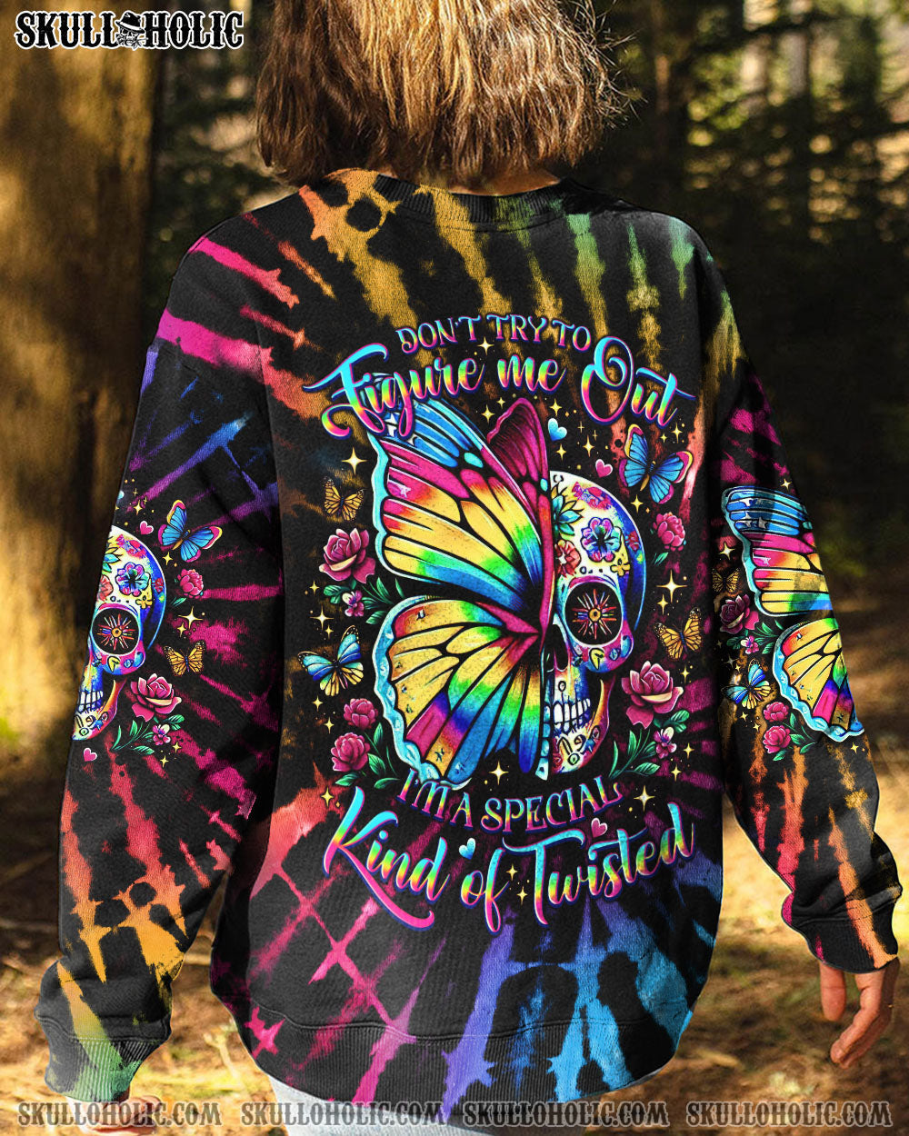 BLISSCORNERS DON'T TRY TO FIGURE ME OUT SKULL BUTTERFLY TIE DYE ALL OVER PRINT