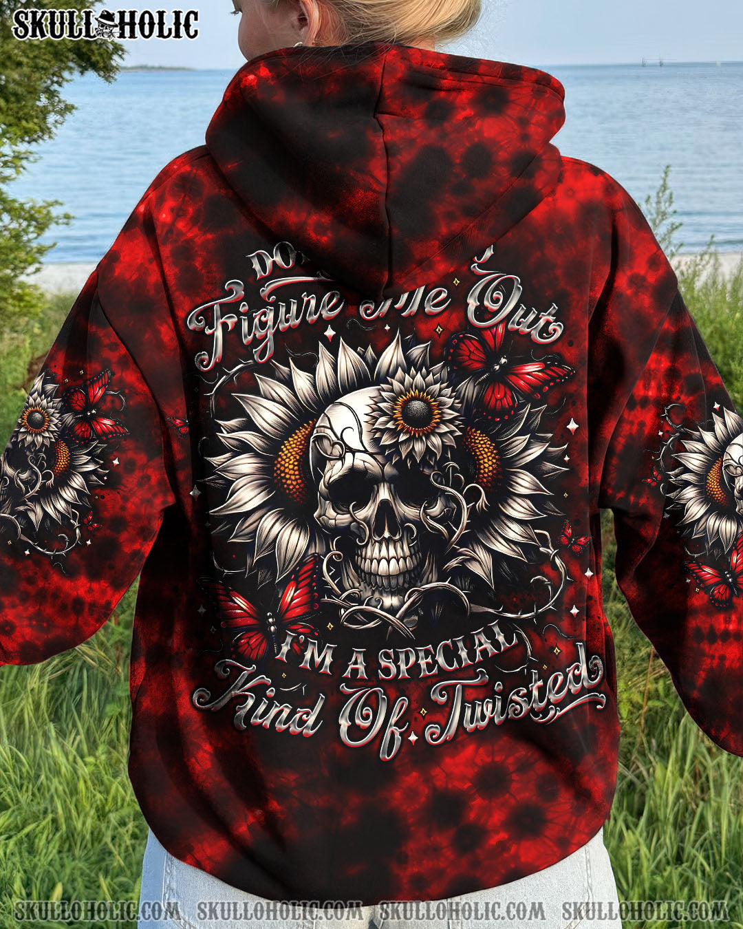 BLISSCORNERS DON'T TRY TO FIGURE ME OUT SKULL SUNFLOWER ALL OVER PRINT