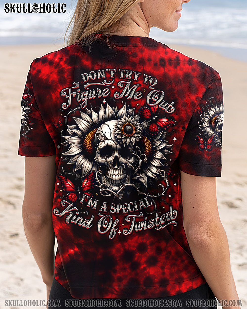 BLISSCORNERS DON'T TRY TO FIGURE ME OUT SKULL SUNFLOWER ALL OVER PRINT