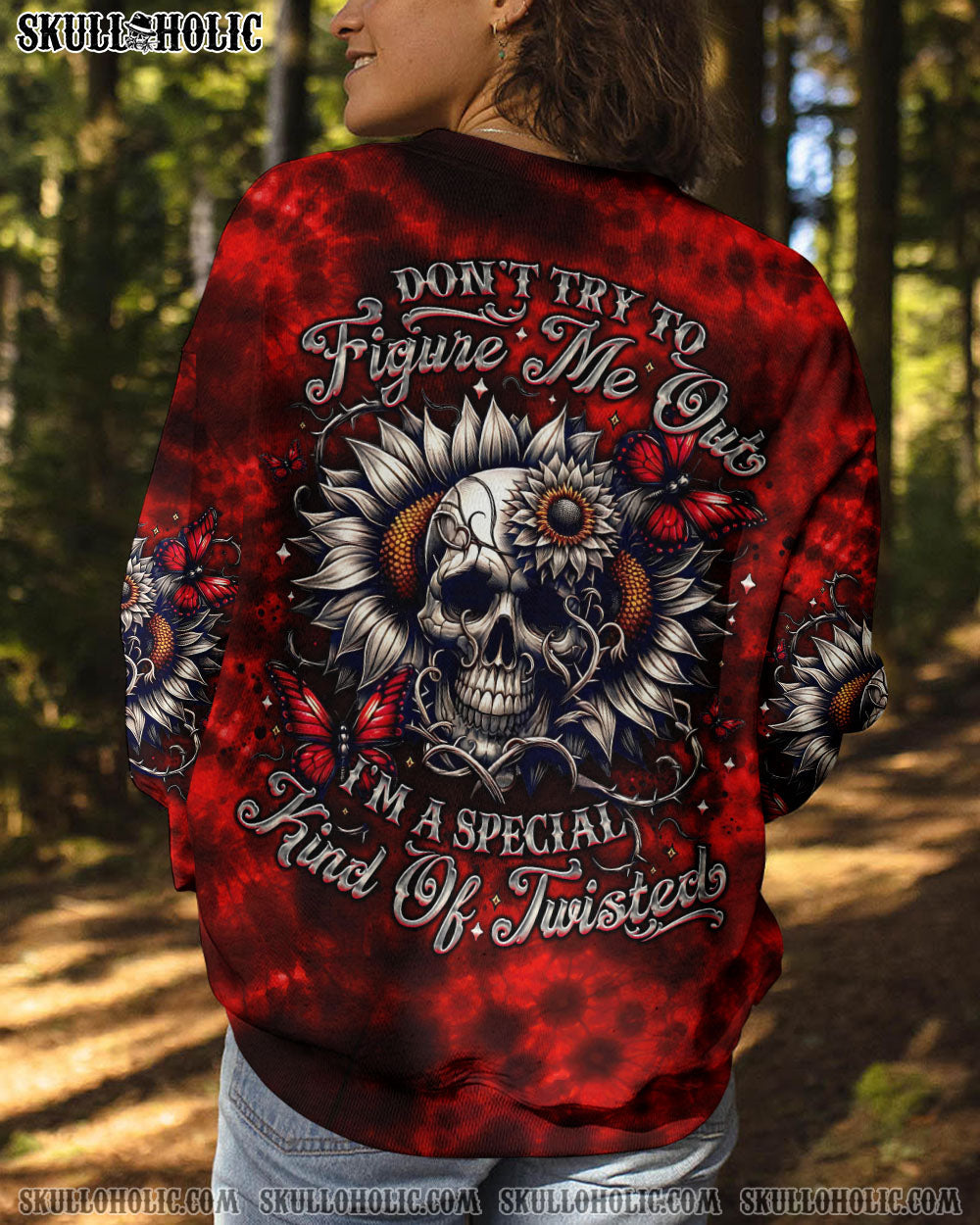 BLISSCORNERS DON'T TRY TO FIGURE ME OUT SKULL SUNFLOWER ALL OVER PRINT