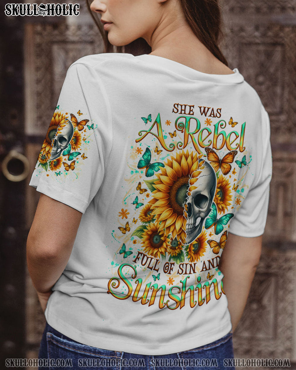 BLISSCORNERS SHE WAS A REBEL SUNFLOWER SKULL ALL OVER PRINT
